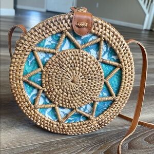 Round Woven Rattan Crossbody Bag with Blue Pattern